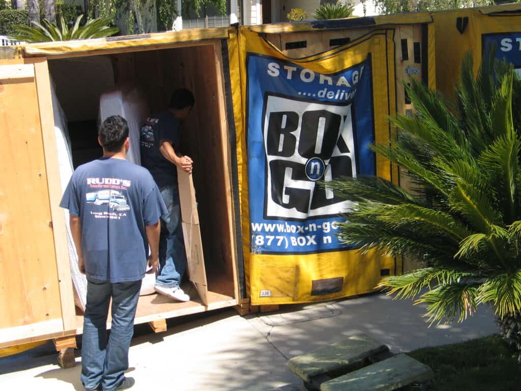 People loading belongings into a Box-N-Go storage unit in Santa Monica